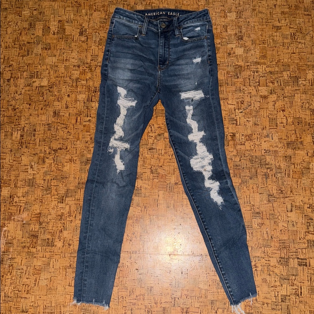 American Eagle Outfitters Women's Dark Blue Ripped Skinny Jeans